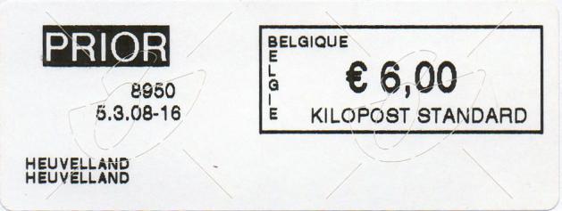 Bij pakketjes werd direct onder de waarde in het rechthoekige vak de soort verzending geprint, in dit geval KILOPOST STANDARD (2008).