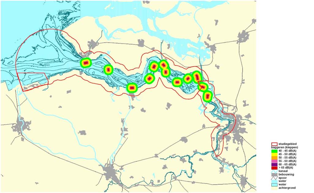 rainbowen/sproeiponton daarentegen levert ter plaatse van de stortlocatie een groter geluidsbelast oppervlak op. Het rainbowen/sproeiponton duurt per cyclus langer dan het kleppen van de lading.