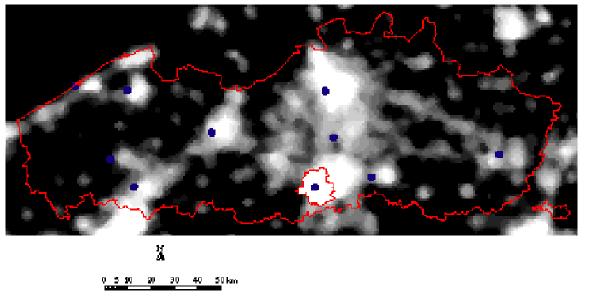 Figuur 10-21: Lichtvervuiling Vlaanderen waargenomen vanuit de ruimte in 1994-1995