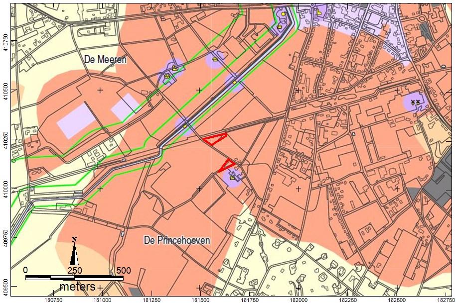 4 Beleid Afbeelding 4. Ligging van de plangebieden op een uitsnede uit de archeologische beleidskaart van de Gemeente Mill en Sint Hubert.