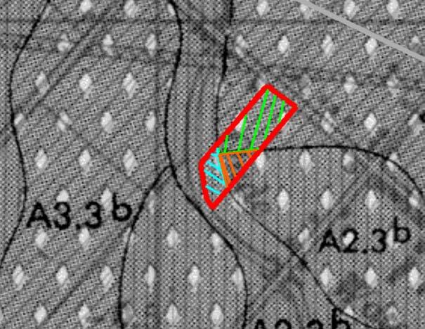 Afbeelding 5. Ligging van het onderzoeksgebied (rood omkaderd), geprojecteerd op een bewerkte, uitvergrote uitsnede van de Geologische Kaart van Nederland, Blad Rotterdam West (37 West). Schaal 1: 10.