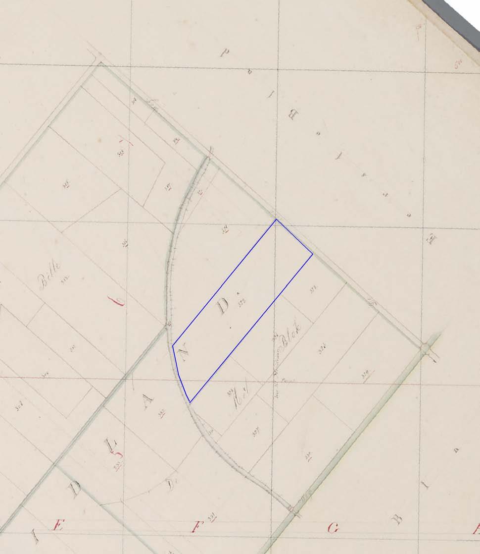 Afbeelding 10. De ligging van het onderzoeksgebied (blauw omkaderd), geprojecteerd op een uitsnede van de Kadastrale Kaart uit circa 1820 A.D. Op de Topografische Kaart uit 1918 (zie Afbeelding 11) is te zien dat het onderzoeksgebied toen ook niet bebouwd was.