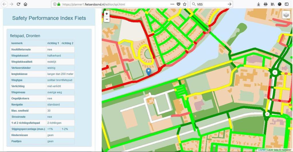 Productinformatie Fietsersbond Safety Performance Index 2 Afbeelding 2: Door inzoomen en aanklikken van een wegvak, worden links de specifieke kenmerken van het wegvak inzichtelijk gemaakt.