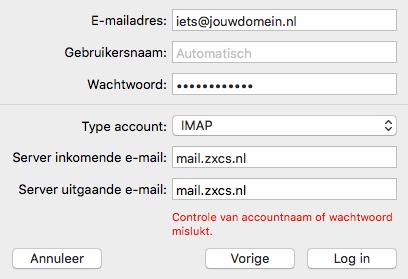 Gebruik in plaats van IMAP liever POP type account. Als mailserver dient u mail.zxcs.nl (dit is een beveiligde mailserver) aan te houden.