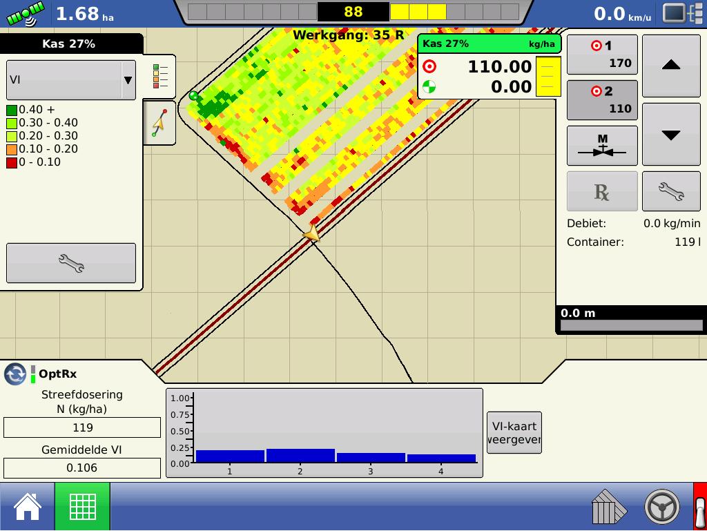 41 Productfiche Afbeelding 2: Screenshot van het scherm in de tractor 13.5 WERKING EN PRINCIPE VAN DE SENSOR De OptRx verricht metingen door middel van lichtreflectie.