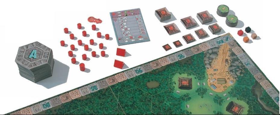 VOORBEREIDING VAN HET SPEL Leg het speelbord in het midden van de tafel. Op dit speelbord zijn al vier terreintegels ingetekend: het basiskamp, twee tempelgebieden en één al onderzocht stukje oerwoud.