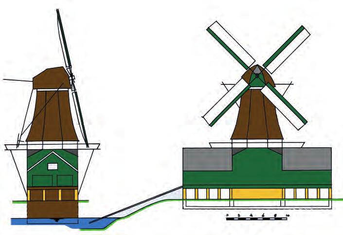 Twee aanzichten die tonen hoe molen De Eendracht er ongeveer uit heeft gezien. Onderbouw en schuren waren waarschijnlijk donkergroen geschilderd.