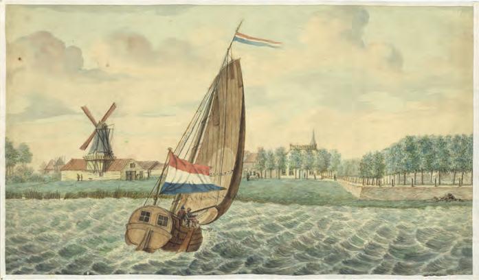 42.114"tir 4-,_.Air. Ik.- k., Een traditioneel houten zeilschip op de IJssel bij Kampen met op de oever de houtzaagmolen De Suzanna.