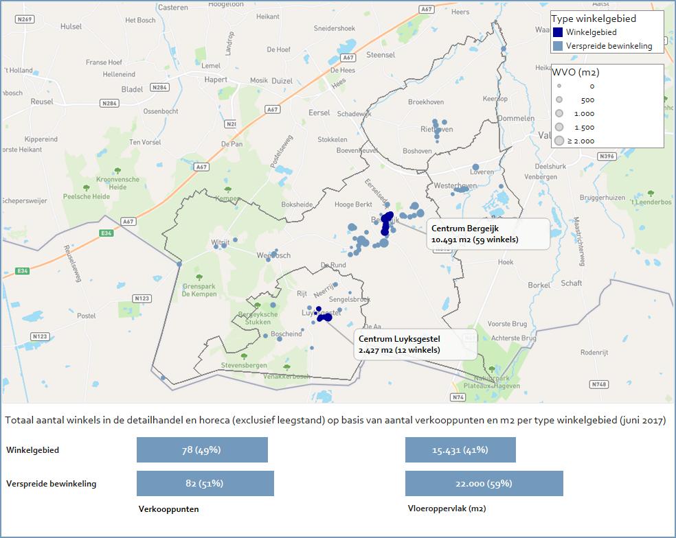 4. Detailhandelstructuur en leegstand Spreiding winkelaanbod De winkelmarkt in de gemeente Bergeijk heeft een oppervlakte van circa 37.