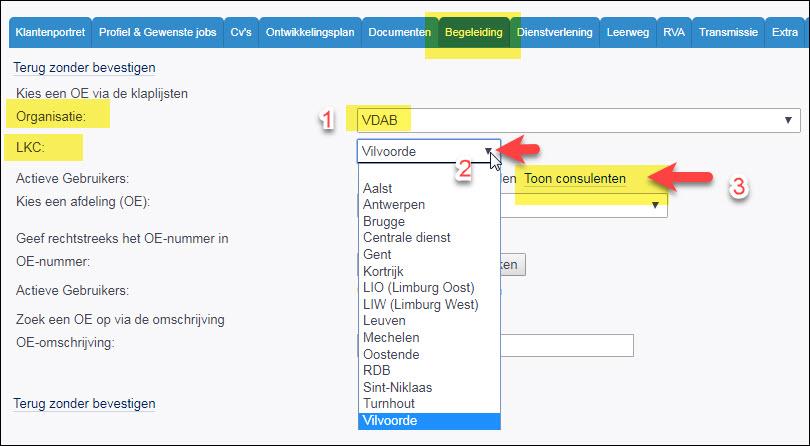 Vervolgens klik je op de koppeling Toon consulenten. Je krijgt dan een overzicht van de consulenten die bij het aangeduide centrum horen. Klik op de loginid van de gewenste consulent.