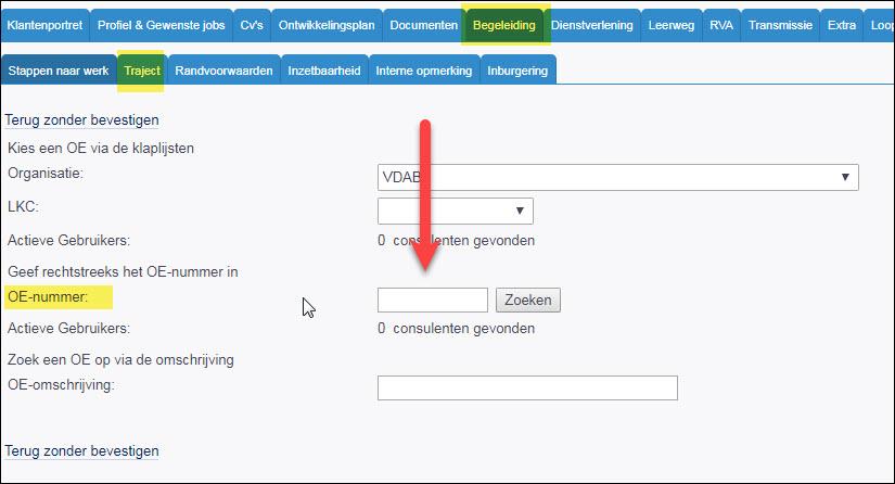 2.2 Op basis van het OE-nummer Als je het OE-nummer van de VDAB-contactpersoon invoert en je klikt vervolgens op de knop Zoeken ernaast, dan krijg je