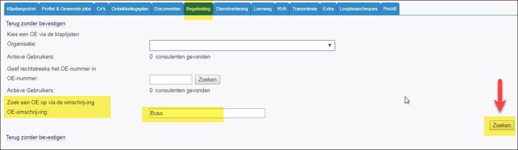 Klik op de loginid van de gewenste consulent. Je komt terug in het detailscherm van het begeleidingstraject, waar de aangeklikte gegevens ingevuld zijn.