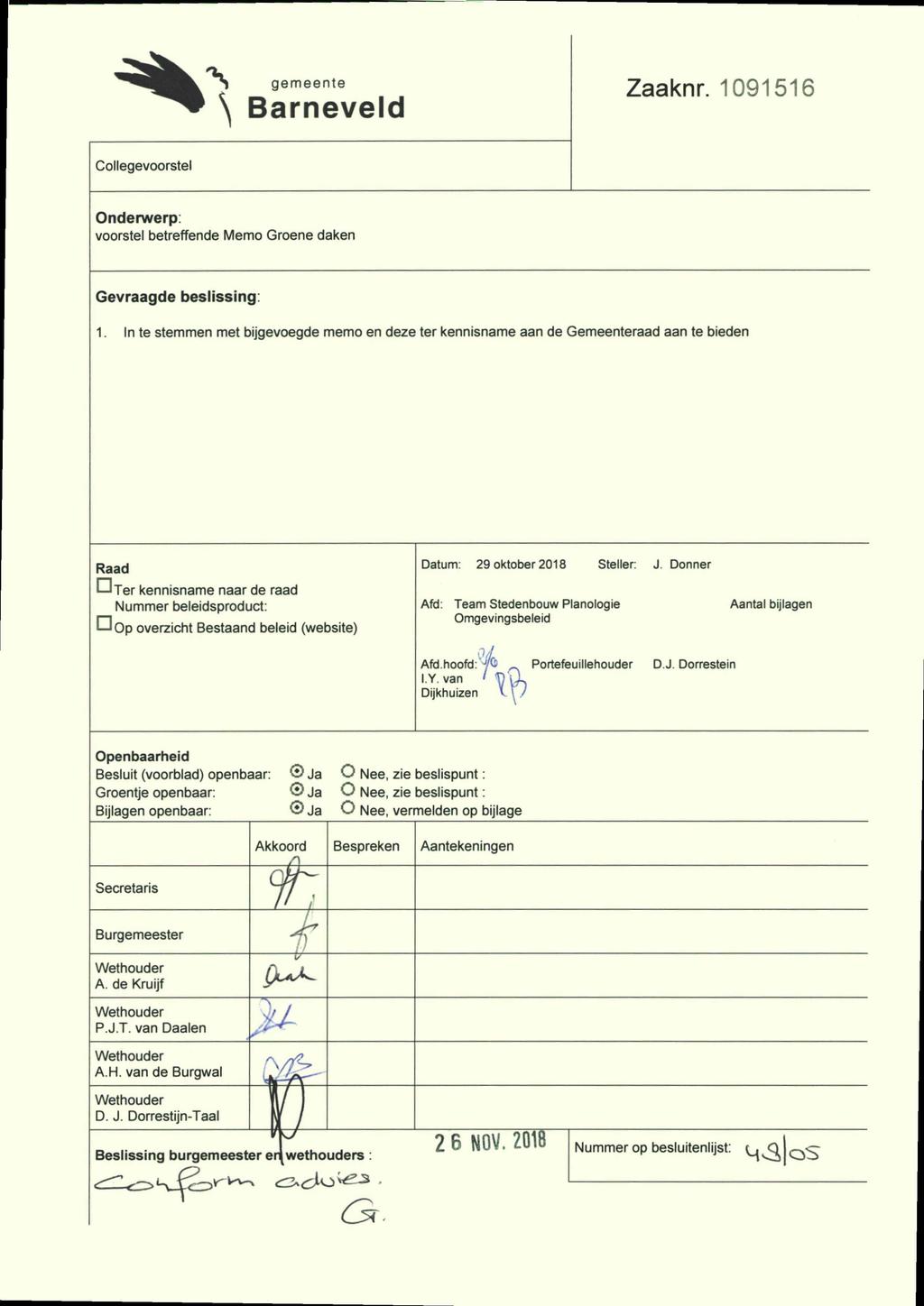 gemeente \ Barneveld Zaaknr. 1091516 Collegevoorstel Onderwerp: voorstel betreffende Memo Groene daken Gevraagde beslissing: 1.