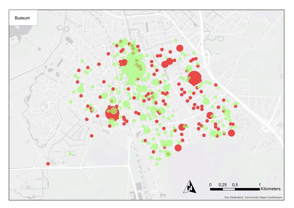 2.3 Resultaten geluidsoverlast van vliegtuigen in Bussum Postcodelocaties zijn verkregen via BAG en Geodienst (RUG) In bovenstaande afbeelding is zichtbaar waar geluidshinder van vliegtuigen in