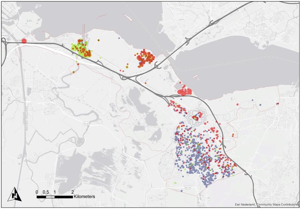 2.9 Resultaten ontwikkeling overlast snelwegen (2) Postcodelocaties zijn verkregen via BAG en Geodienst (RUG). In bovenstaande afbeelding is zichtbaar waar overlast van snelwegen wordt ervaren.