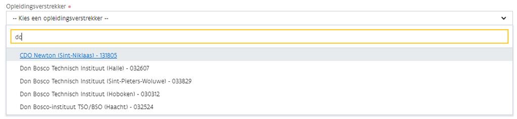 De adresgegevens van de hoofdzetel van de opleidingsverstrekker worden automatisch ingevuld.