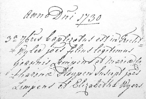 28 Vermelding trouwregister Joannes Limpens en Petronilla Mertens Doopakte van Joannes Limpens (1730-1793) X: Joannes Limpens Gedoopt op 13 juni 1698 te Oirsbeek, halfwin op St.