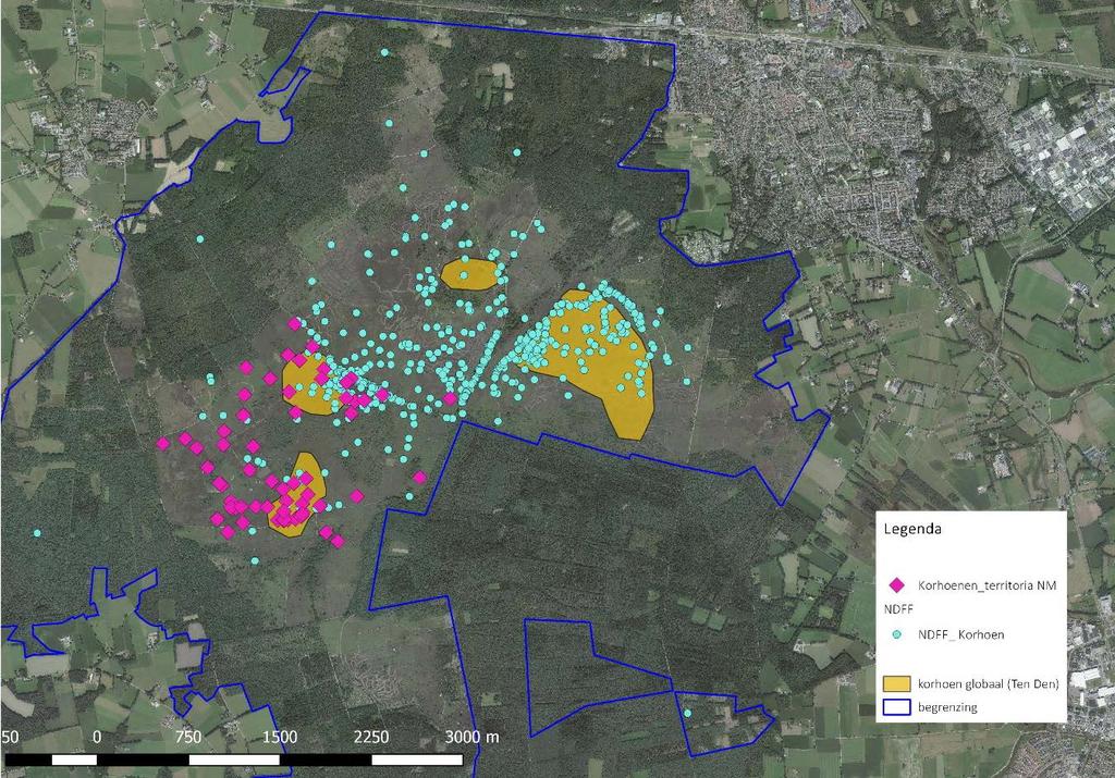 Figuur 5.8. Verspreiding van Korhoenders in het deelgebied van Natuurmonumenten (roze: 199-2013)