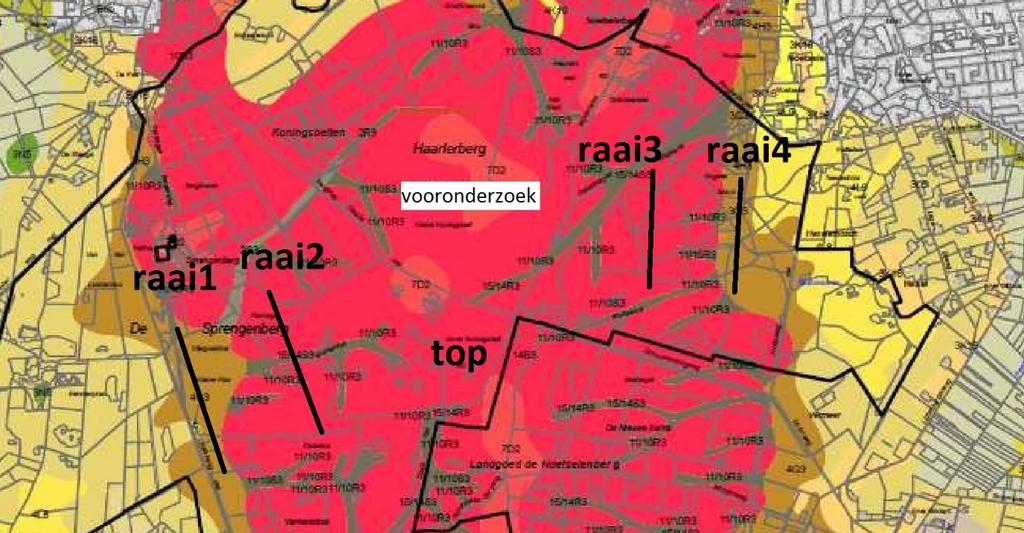 Figuur 7.1. Locatie van raaien stuwwal en dekzand en top ten opzichte van de locatie van het vooronderzoek weergegeven in een geomorfologische kaart.