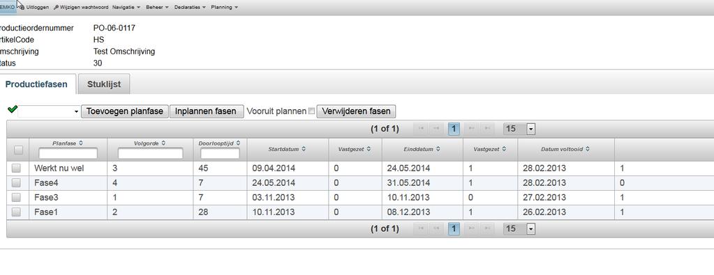 In dit scherm ziet u alle productieorders waaraan 1 of meerdere fasen zijn gekoppeld.