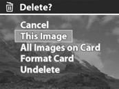 All Images on Card/in Memory (Alle opnamen op geheugenkaart/in geheugen) Hiermee worden alle foto's en videoclips van de geplaatste optionele geheugenkaart of uit het interne geheugen verwijderd.