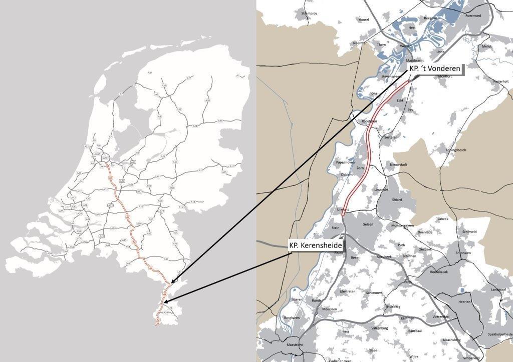 1 Inleiding Op het traject van de A2 tussen knooppunten Het Vonderen en Kerensheide wordt de huidige 2x2 met spitsstroken opgewaardeerd naar 2x3 volwaardige rijstroken met vluchtstrook.