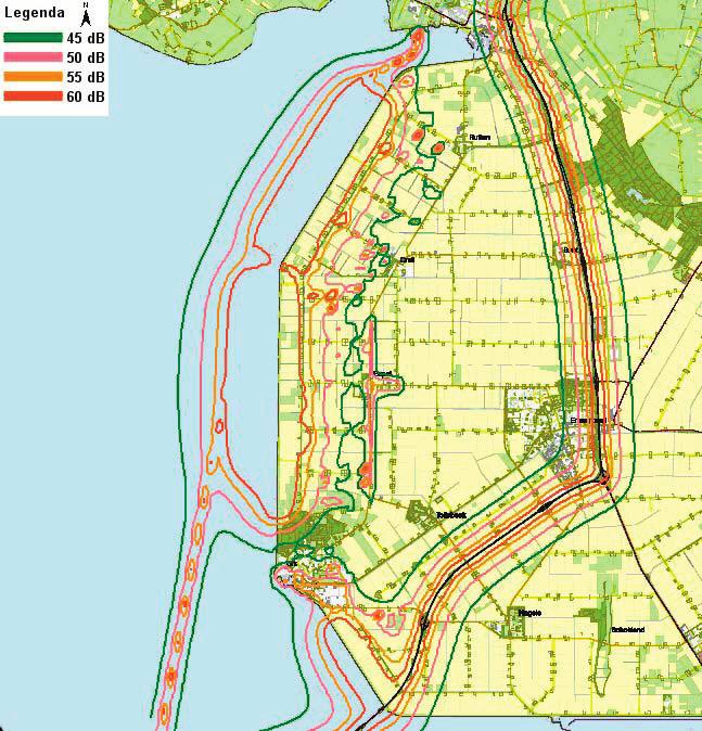 Figuur 6 Cumulatieve geluidseffecten met bestaande windturbines voor (links) en na (rechts) plaatsing van de nieuwe windmolens en verwijdering van het Essent-windpark op de Westermeerdijk