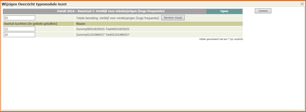Vul per jongere de benutting in Klik op de knop [Bereken totaal]. De totale benutting van deze typemodule verschijnt bovenaan en tevens in het totaaloverzicht van alle typemodules van dit kwartaal.