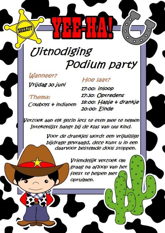 4 Podium party vrijdag 30 juni 2017 Podium party is mogelijk met de hulp van ouderraad, leerkrachten en ouders. Wilt u een uurtje helpen bv.