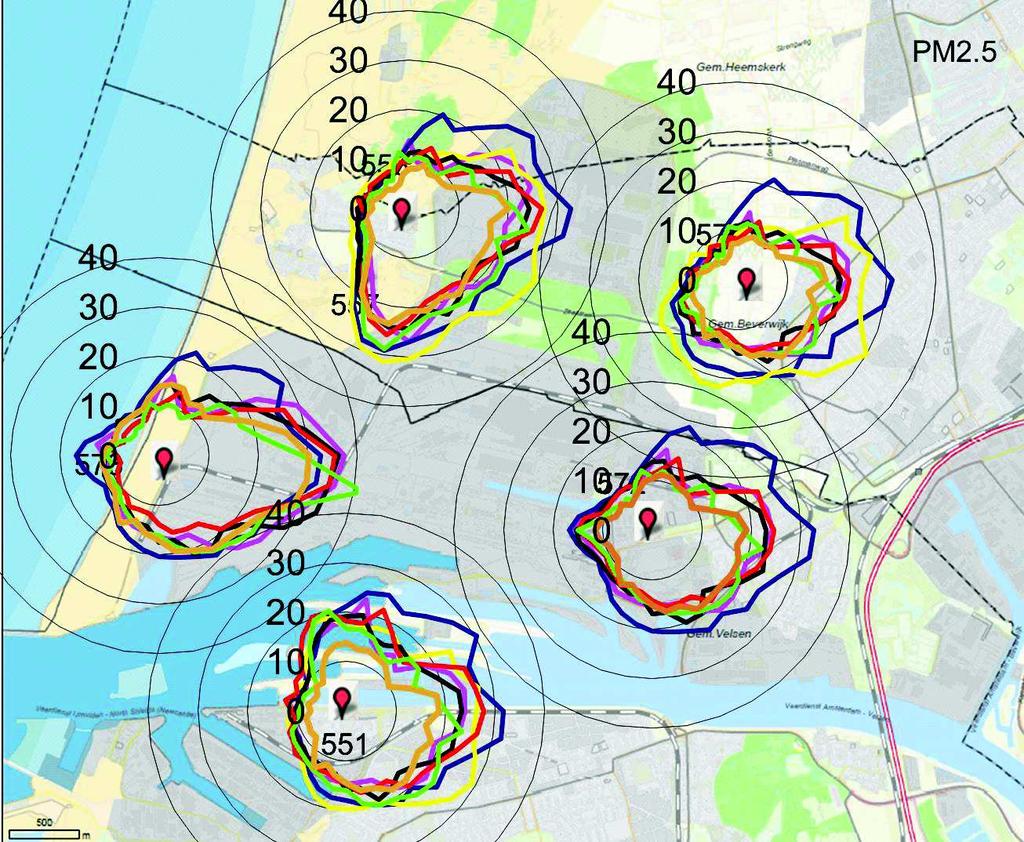 Afbeelding 10a: Pollutierozen PM 2.5 2010 tot en met 2016 (in µg/m 3 ).