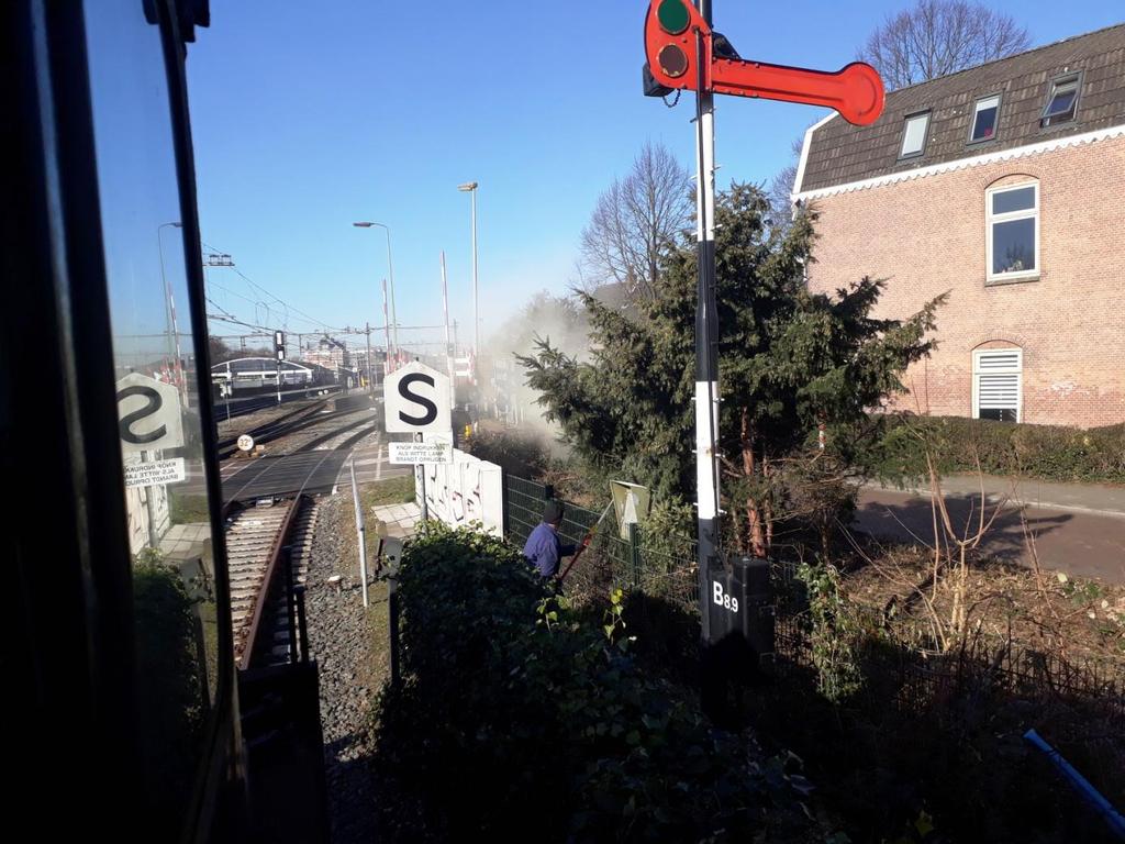 27 februari 2019: naast het inrijsein aan de Koepoortsweg in Hoorn neemt de snoeiploeg een struik onderhanden, die het zicht op de