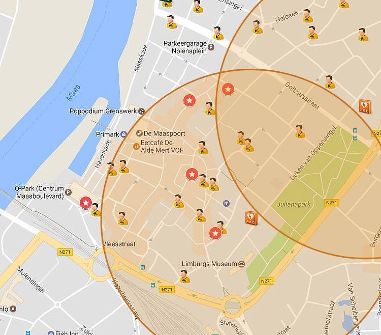 13. Venlo in kaart Burgerhulpverlener / vrijwilliger - ingeschreven in HartslagNu op basis woonadres Locatie slachtoffer AED, ingeschreven in het