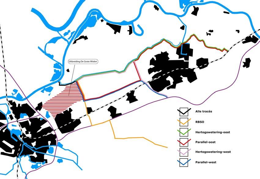 Figuur 3.5: Hoofdtracés voor Land van Heusden / De Maaskant Voor elk van de alternatieve tracés is de waterstaatkundige effectiviteit van een compartimenteringskering onderzocht.