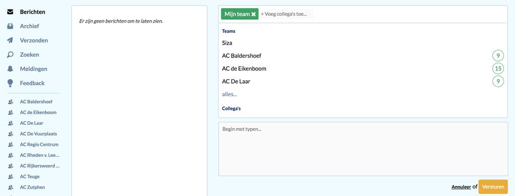Bij het maken van een nieuw bericht staat standaard je gehele eigen team geselecteerd als ontvanger.