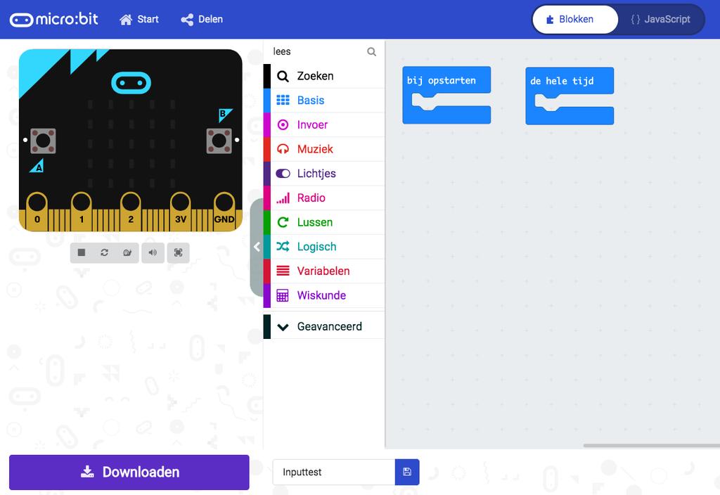 Programmeren Code maken voor de micro:bit kan op veel verschillende manieren. De makkelijkste manier is het gebruiken van de online micro:bit editor.