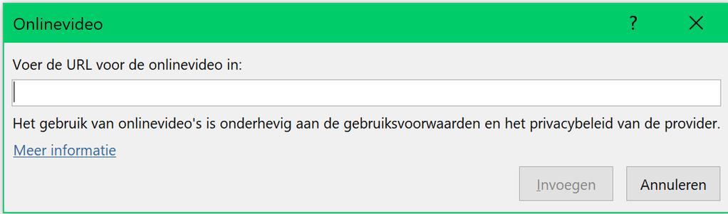 (zie afbeeldingen) Zoek in YouTube de geschikte videofragment, kopie de URL Plaats de URL in het vak Voer de URL voor de onlinevideo in: en klik op Invoegen 12.