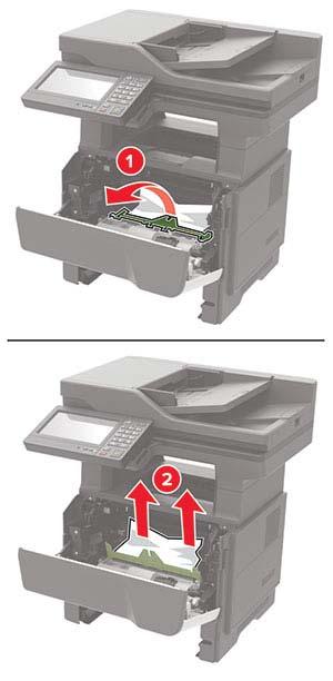 7 Plaats de tonercartridge. Opmerking: Gebruik de pijlen in de printer als richtlijn. 5 Verwijder het vastgelopen papier. LET OP: HEET OPPERVLAK: De binnenkant van de printer kan heet zijn.