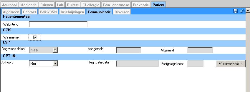 De knop [Opt-in] wordt alleen getoond indien er nog niets is geregistreerd bij de patiënt met betrekking tot Opt-in.
