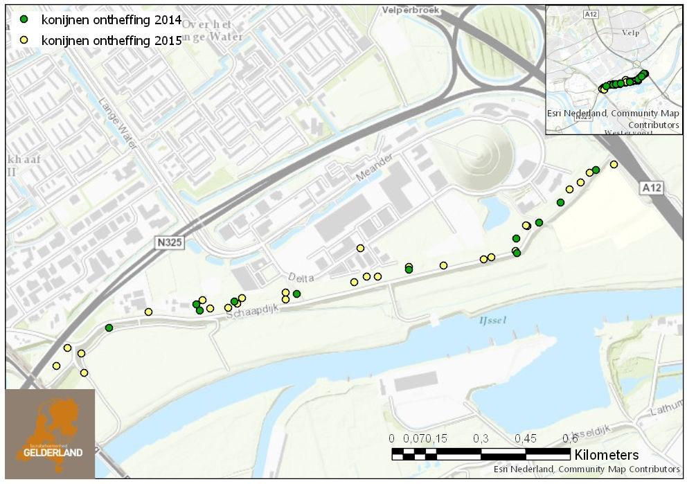 Dijklichamen Langs de schaapdijk te Arnhem is er voor 2014 en 2015 een machtiging aangevraagd voor het bestrijden van konijnen in een dijklichaam (Figuur 3, volgende pagina).