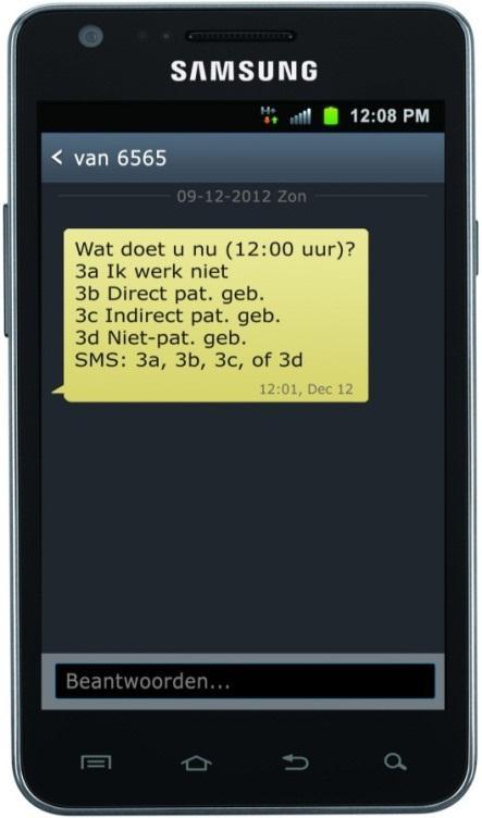 Instructies SMS-onderzoek tijdsbesteding huisartsen Versie 1 november 2012 SMS-berichten over uw activiteit Wanneer u een SMS-bericht over uw activiteit ontvangt, reageert u door een SMS-bericht