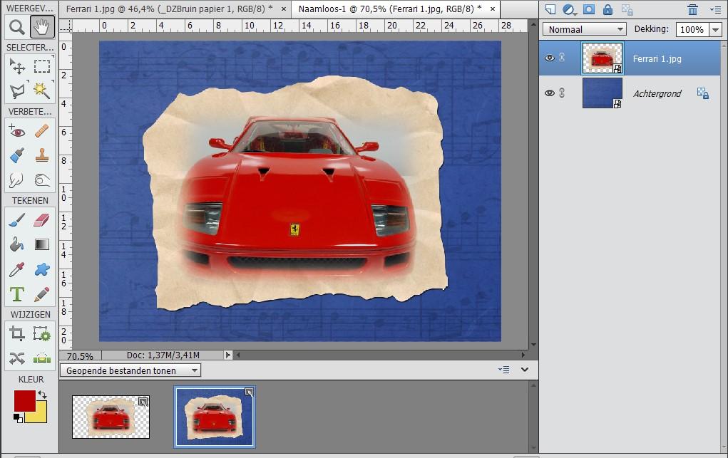 5. Ga terug naar werkdocument Ferrari1 en plaats deze op de nieuwe werkdocument (met de muzieknoten).