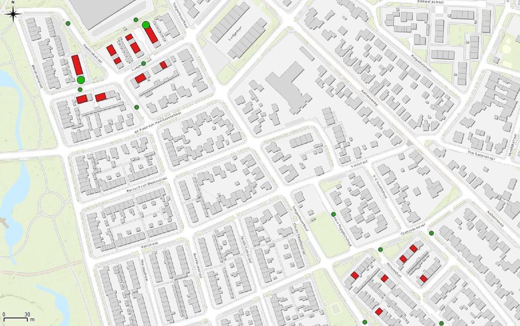 BIJLAGE 1 Kaart projectlocatie en onderzoeksresultaten Figuur 1: Te renoveren woningen binnen plangebied (rood): Heckinckstraat 1, 2, 3, 4, 6, 7 en 8.