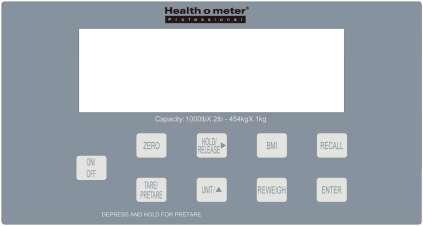 Handleiding Keypad Functie ON/OFF ZERO HOLD / RELEASE BMI RECALL TARE / PRETARE UNIT / REWEIGH ENTER OmschrijvingDescription Aan / uit Stelt de weegschaal op nul voor het wegen.