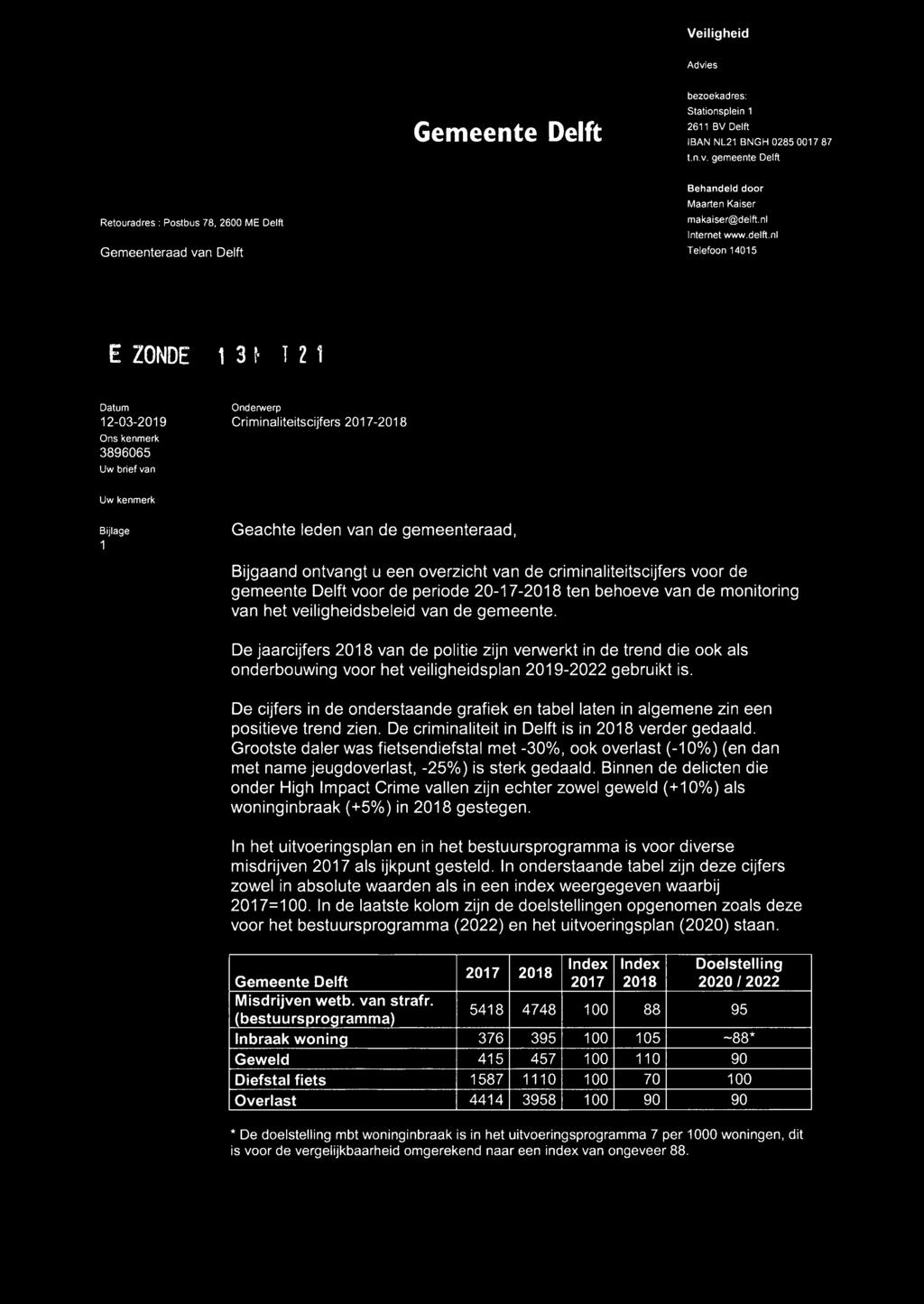 nl Telefoon 14015 ERZONDEN 1 3 MA RT 2019 Uw brief van Onderwerp Criminaliteitscijfers 2017-2018 Uw kenmerk Bijlage 1 Geach te led en van de gemeenteraad, Bijgaand ontvangt u een overzicht van de