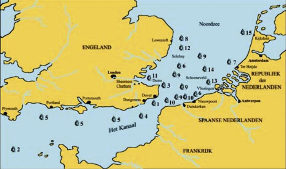 a. Hoe heet het water tussen de Vlaamse kust (Spaanse Nederlanden) en de Engelse kust? b. Geef met een rode kleur de plaats aan waar Maarten Harpertszoon Tromp sneuvelde. In welk jaar was dat? c.