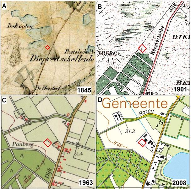 Archeologische onderzoek Postelseweg, Eersel. ArcheoPro Rapport, 10135, Pagina 17 Figuur 9 toont achtereenvolgens topografische kaarten van het onderzoeksgebied uit 1845, 1901, 1963 en 2008.