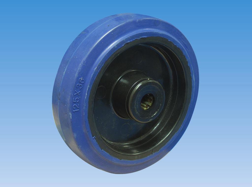 > SERIE 13 W 150-250 Wielen met een zwarte kunststof velg en een blauwe opgevulcaniseerde elastische rubberen band. Het wiel loopt op een rollager of op een tweezijdig afgedicht kogellager.