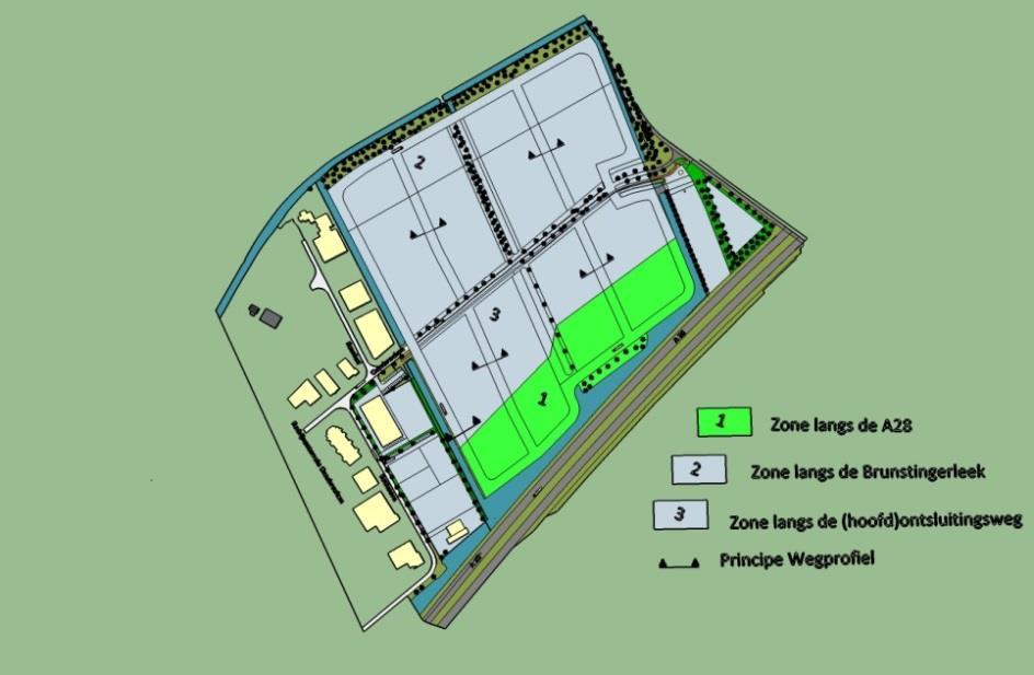Hierdoor ontstaat een verkaveling die de kenmerken van het beekdal accentueert. De wegbreedtes zijn binnen het bedrijventerrein overal 6,5 meter.