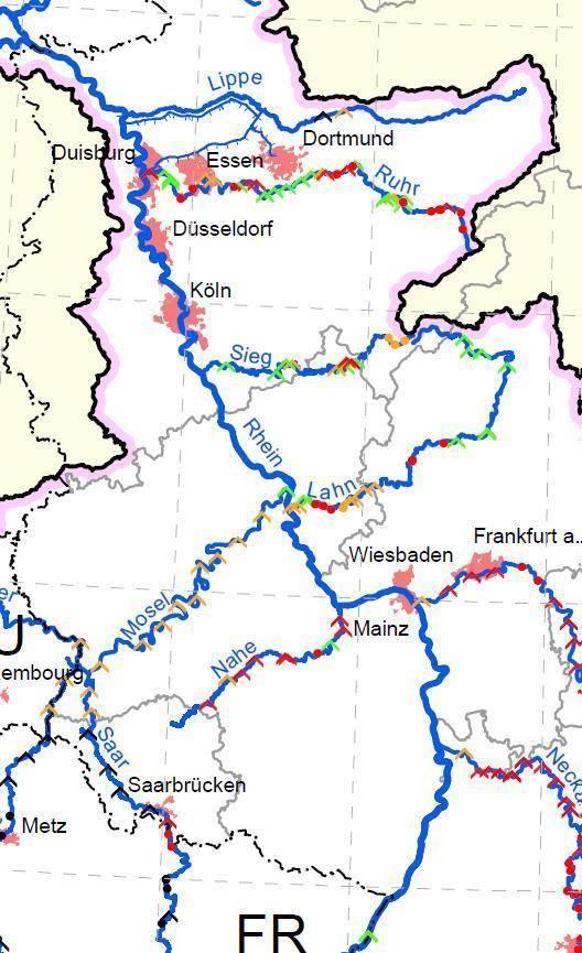 Figuur 2: Vrij afstromend Rijntraject van de Nederlands-Duitse grens tot Iffezheim. Uittreksel uit kaart K7 van het tweede SGBP Rijn, versie van december 2015.