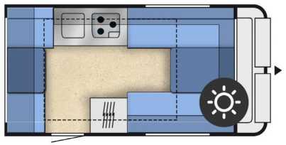 De Kompakt Travel indeling: In de Kompakt Travel heeft u het comfort van een extra tweepersoons-zitgedeelte en een groot raam aan de